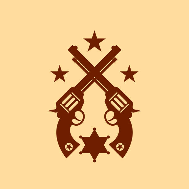 Crossed revolvers, vintage military symbol Crossed revolvers, vintage military symbol on sepia background silhouette of a cowboys logo pic stock illustrations