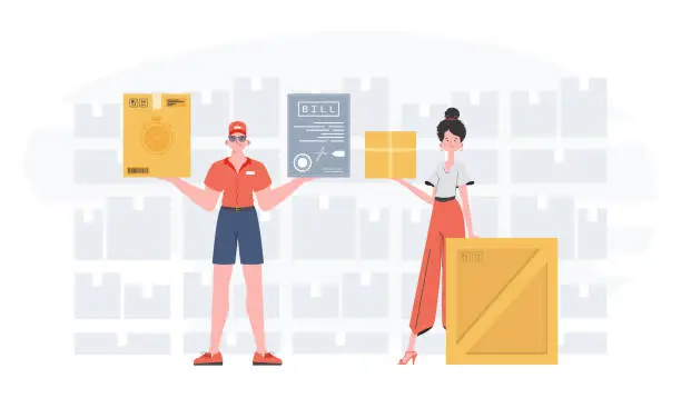 Vector illustration of Ready made poster on the theme of home delivery of groceries. Food and parcel delivery people team. trendy style. Vector.