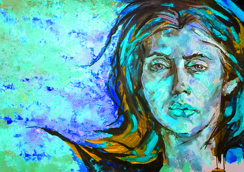 Artistic illustration modern artwork oil painting on canvas horizontal portrait face of young beautiful bold free woman  in blue tones
