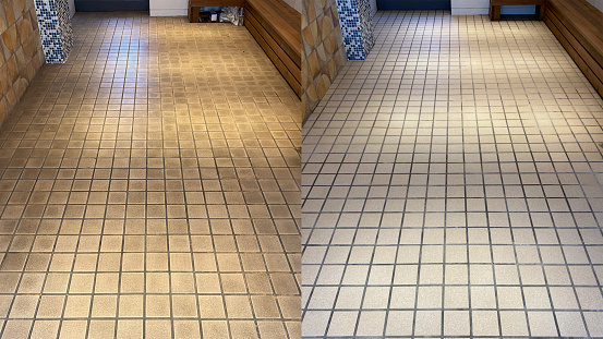 Before and after, cleaning an old beige ceramic floor