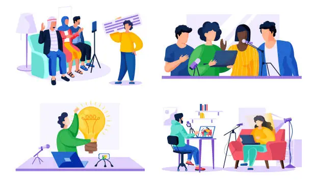 Vector illustration of Group of people records video and speaks into microphone near woman with text. Man records video