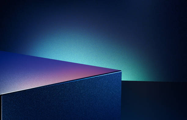 istock Dark abstract blue room with purple blue cube form podium edge illuminated spotlight 1414595288