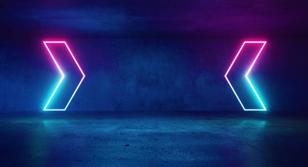 Blue neon arrows direct to middle space template Abstract blue purple neon arrows direct to middle blank copy space product illustration template kick off stock pictures, royalty-free photos & images