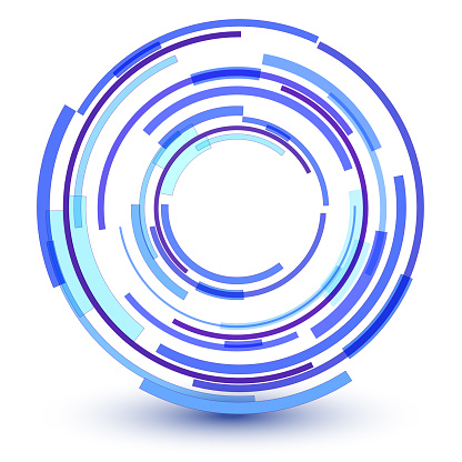 Abstract lens icon design, 3D blue symbol with circular lines pattern, vector illustration.