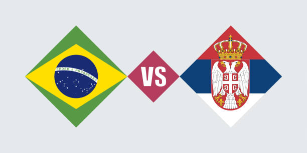 brasilien vs serbien flaggenkonzept. vektorillustration. - serbia stock-grafiken, -clipart, -cartoons und -symbole