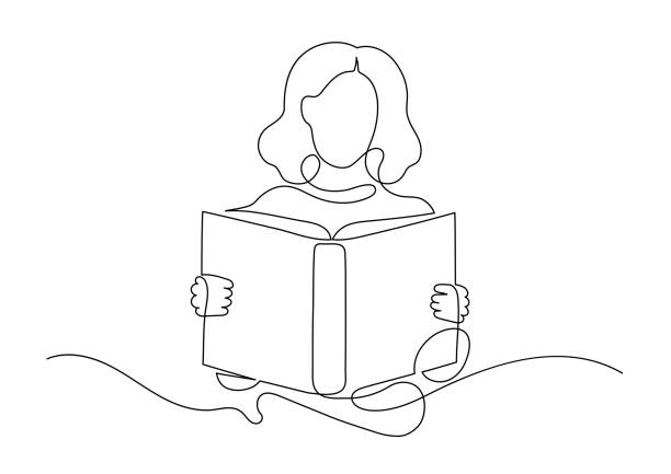 woman reading book. continuous line drawing. - hikaye anlatmak illüstrasyonlar stock illustrations