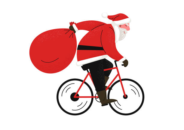 ilustraciones, imágenes clip art, dibujos animados e iconos de stock de santa en moto. - bicycle isolated white background cycling