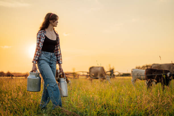 istock Young woman holding milk canisters while walking in field 1414600433