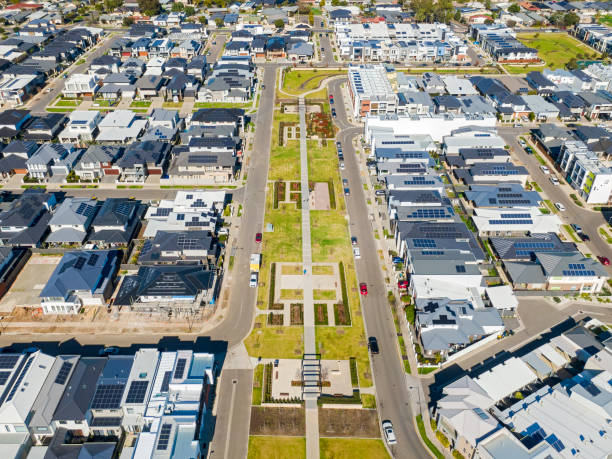 istock Aerial view, looking down on landscaped public space in modern housing development: 1414601407
