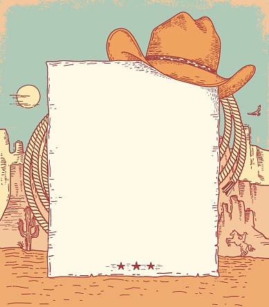 Wild West cowboy poster for text. Vector western hand drawn vintage background with cowboy hat and lasso on American canyon desert and cactuses.