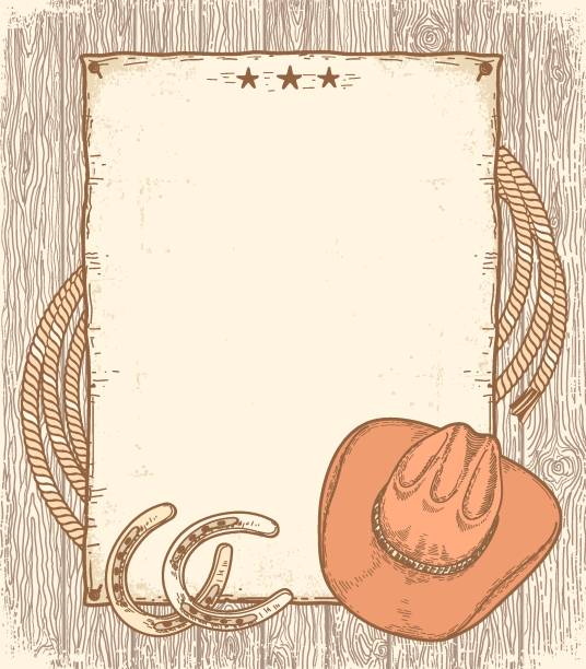 istock Cowboy paper background. Vector hand drawn color illustration with cowboy hat, lasso and horseshoes on vintage wood texture background. 1414601531