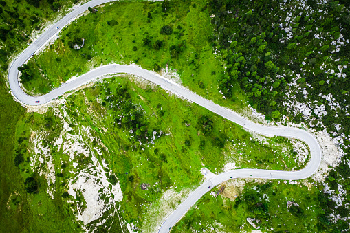 Top view of winding road at Passo Falazarego, Dolomites, Europe