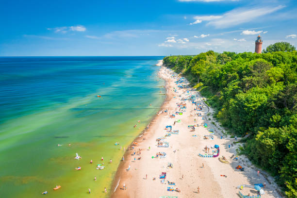 Crowded beach at Baltic Sea. Tourism on sea in Poland Crowded beach with people at Baltic Sea. Tourism on sea in Poland. Aerial view of nature baltic sea stock pictures, royalty-free photos & images