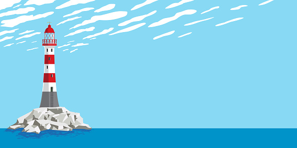 A Lighthouse on The Rocks, Clouds in The Blue Sky. Can be Used For Business Metaphor. Vector Illustration Of Seascape.