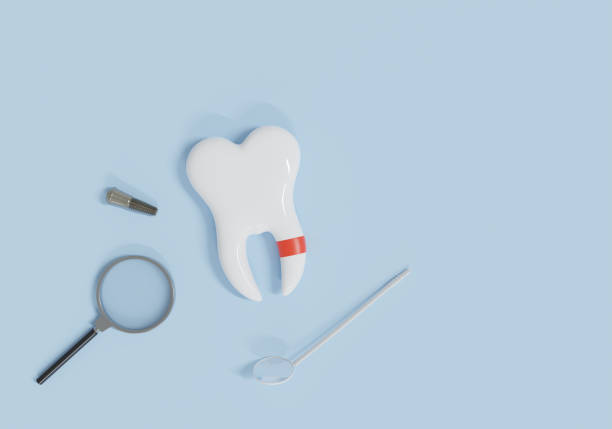 istock Dental implant concept, White teeth, and dental tools on blue background. 3d render. 1414603690