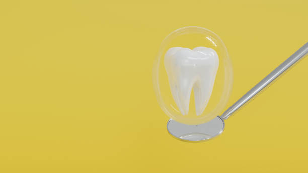 Dental care concept, model dentist tool and mirror on yellow background and copy space. 3d render.