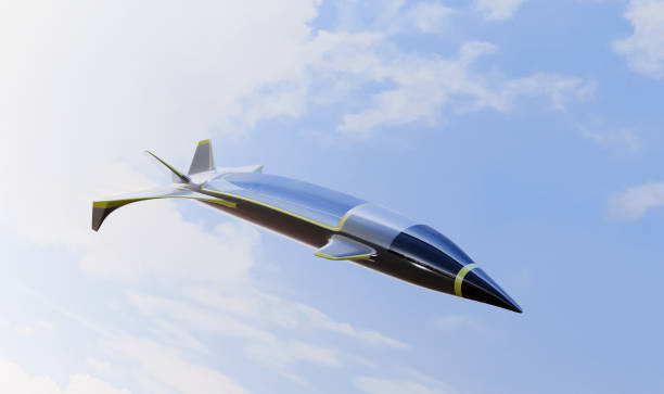 空に浮かぶ極超音速ジェット機。超音速ジェットによる未来技術。3dレンダリング。 - fighter plane aerospace industry air air vehicle ストックフォトと画像