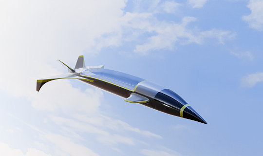 Hypersonic Jet aircraft in sky. Future technology with supersonic Jet. 3d render.