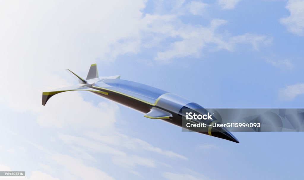 Hypersonic Jet aircraft in sky. Future technology with supersonic Jet. 3d render. Fighter Plane Stock Photo