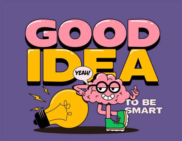 Cartoon smart brain character with good idea lettering in trendy funny cartoon style for motivational t-shirt print or poster design. Vector illustration vector art illustration