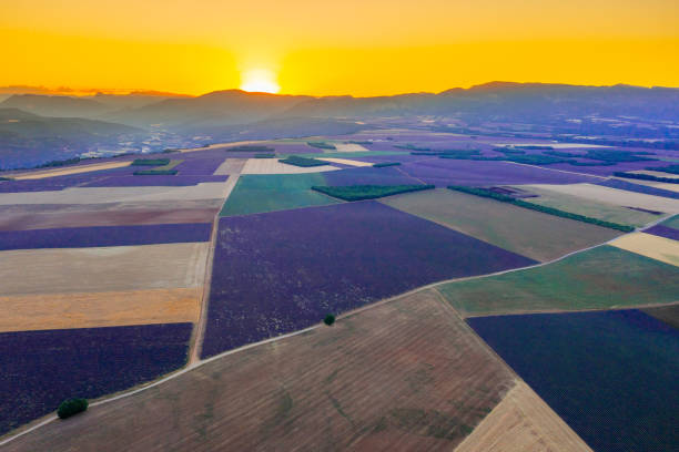 Aerial view of sun shining over patchwork landscape against sky during sunset