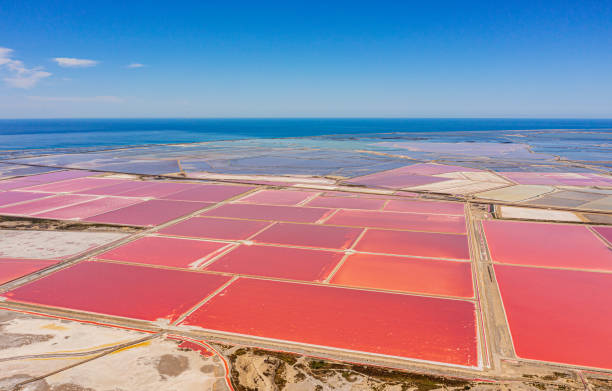 bella vista ad alto angolo del lago salato contro il cielo blu durante la giornata di sole - gard foto e immagini stock