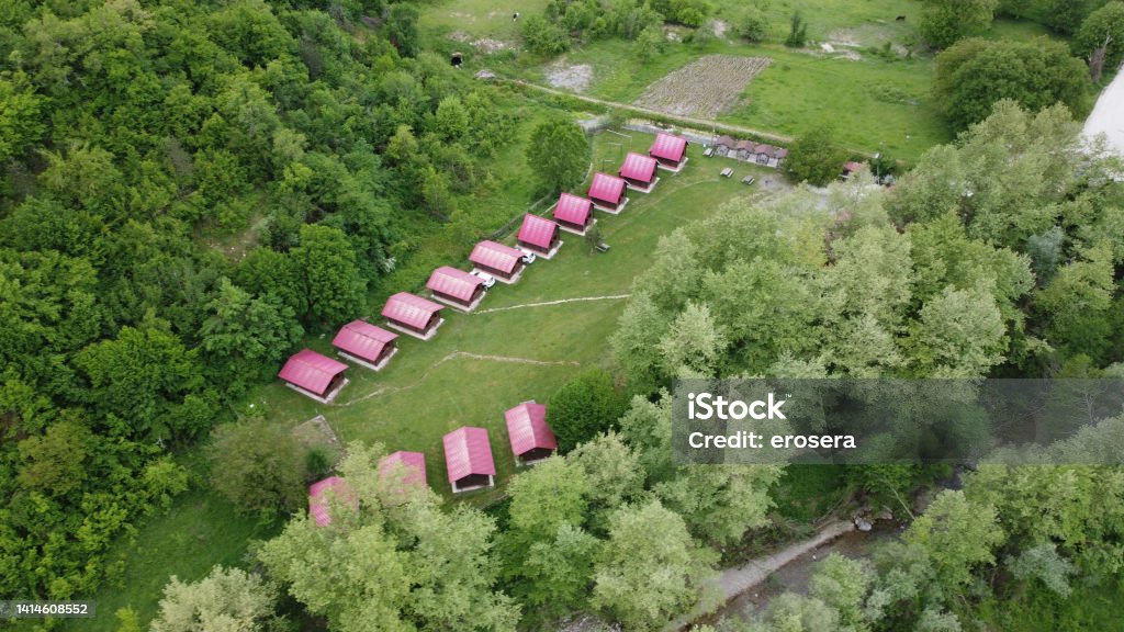 Bungalow hotel made of wood, Turkey Bungalow hotel made of wood Aerial View Stock Photo