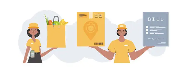 Vector illustration of Delivery team. Ready made poster on the theme of delivery. Cartoon style. Vector.