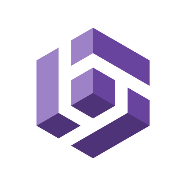 Letter B 3D logo. Letters B, T in a 3D cube. Numbers 6 and 9 in isometric box. Lavender colors. Hexagon shape. Stylized stripes make modern monogram. Linear initials. Vector illustration, clip art. cube shape stock illustrations