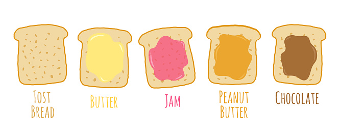Vector set icons of tost bread with different toppings. Vector illustration of tost breads with butter, peanut butter, jam and chocolate paste.