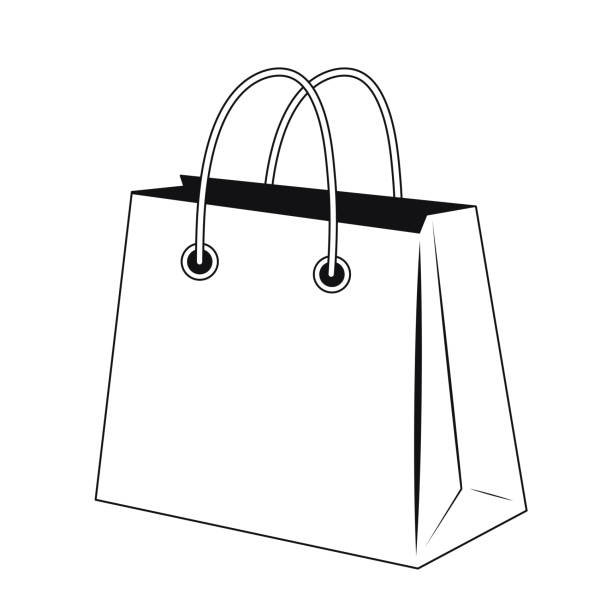 ilustrações de stock, clip art, desenhos animados e ícones de black and white line bag made of paper, ecology protection from plastic. vector illustration. - shopping bag paper bag retail drawing