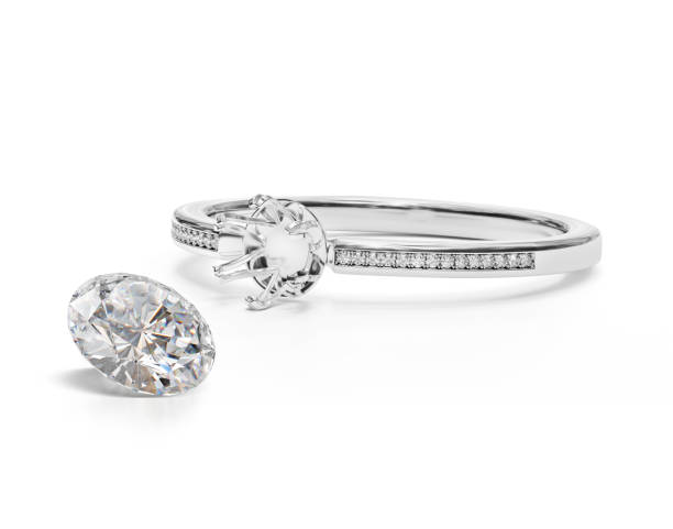 istock White gold or silver ring without gemstone and round diamond with reflection on a white background. 3D render 1414612905