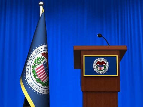 Federal reserve of USA rostrum with microphone. Digitally generated image