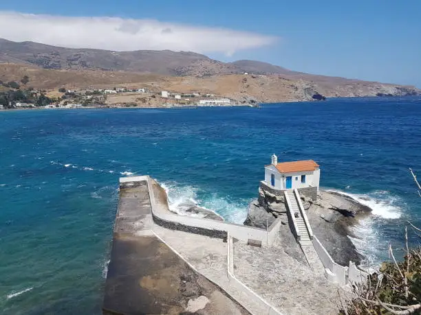 andros island andros city in greece church o panagia in the central city by the sea