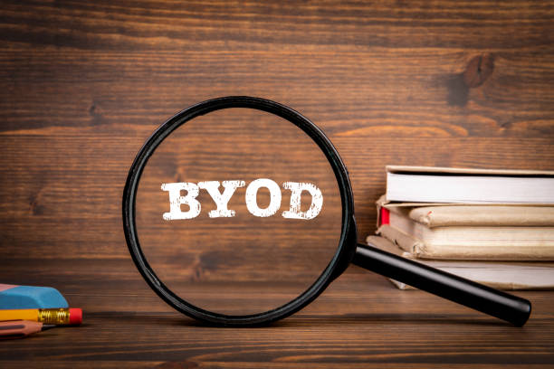 istock Byod concept. Magnifying glass with text on wooden office table 1414617289