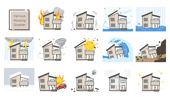 Clip art of houses damaged by various disasters