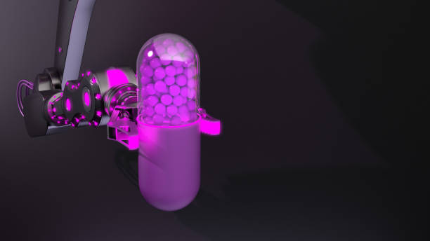 istock futuristic robot hand holding pill in purple light 1414618241