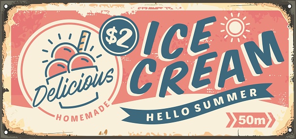 Ice cream retro sign template on pink background. Vector food illustration