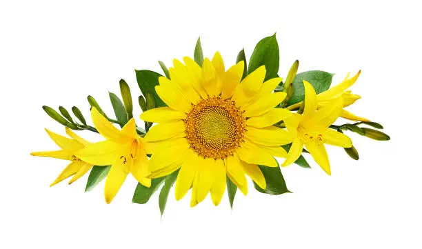 Photo of Yellow sunflower and lily flowers in a floral arrangement isolated