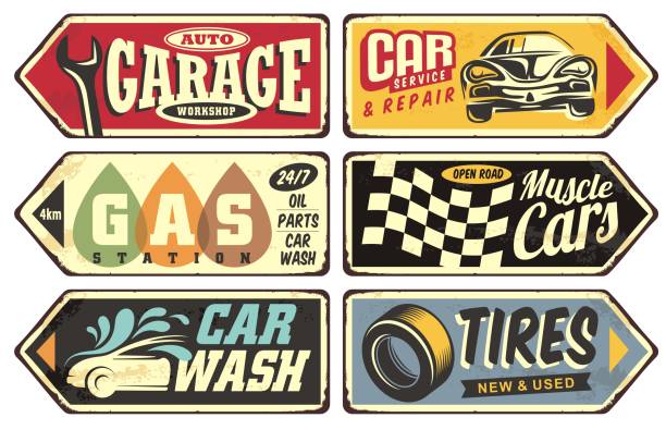 ilustrações, clipart, desenhos animados e ícones de carros e placas retrô de transporte definidos - garage