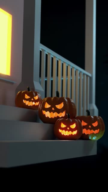 Vertical Carved Pumpkins for Halloween on a Porch At Night in Forest in 4K Resolution