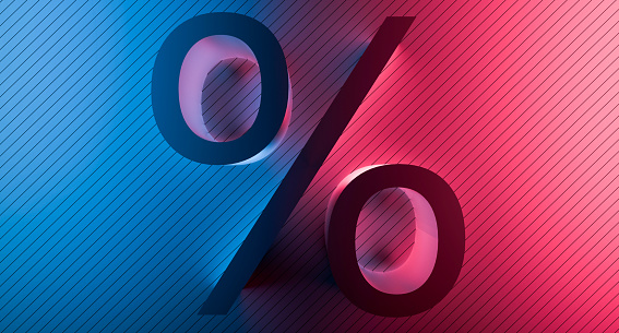 The Percent metallic sign on red and blue neon backlight. The concept of percentage, sales, discounts. 3D render.