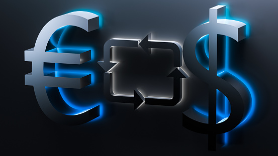 Concept of the value of the dollar and euro exchange rate.Euro and dollar exchange,growth,price. Euro and dollar sign, symbol with blue neon illumination. 3D render.