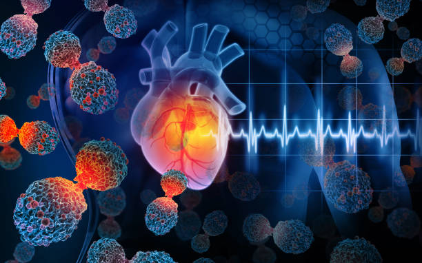 Viruses infected human heart. Cancer cells. 3d illustration