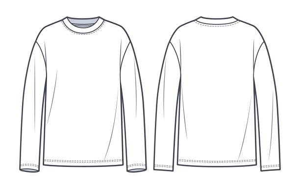 Long Sleeve Shirt fashion flat tehnical drawing template. Unisex T-Shirt fashion template, crew neck, long sleeve, front and back view, white colour, women, men, CAD mockup. Long Sleeve Shirt fashion flat tehnical drawing template. Unisex T-Shirt fashion template, crew neck, long sleeve, front and back view, white colour, women, men, CAD mockup. tehnical stock illustrations