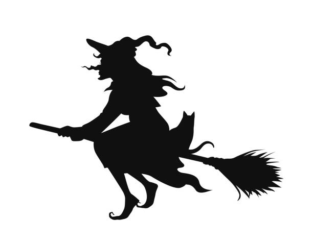 ilustraciones, imágenes clip art, dibujos animados e iconos de stock de silueta negra vectorial de una bruja volando en escoba con su gato - witchs hat costume witch holidays and celebrations