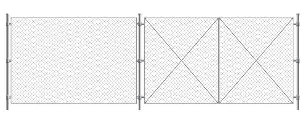 istock Metal wire fence and gate. Chain-link fence fragment with metallic pillars. Secured territory, protected area or prison fencing. Wire grid construction 1414630390