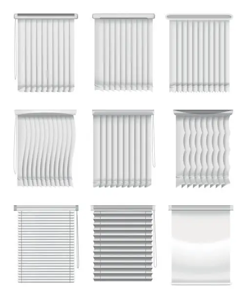 Vector illustration of Window blinds. Curtains mockup set. Element room interior. Collection of horizontal and vertical window jalousie. Closed empty jalousie template. Privacy concept