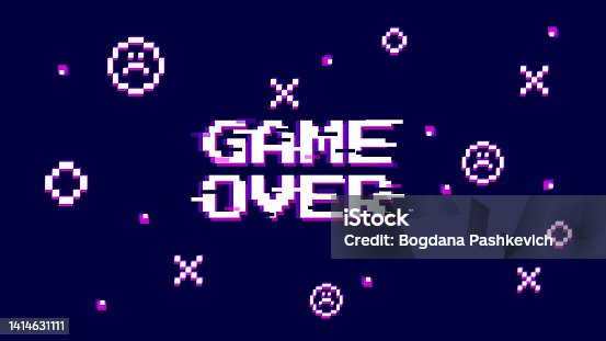 istock Game finish vector illustration. Rich violet background with text game over, sad faces and pixels in glich error style. Template banner for website, poster or stream. 1414631111