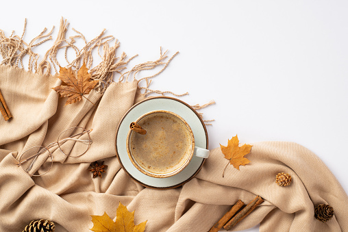 Autumn inspiration concept. Top view photo of cup of hot drinking with cinnamon stick on saucer yellow maple leaves anise pine cones spectacles and plaid on isolated white background